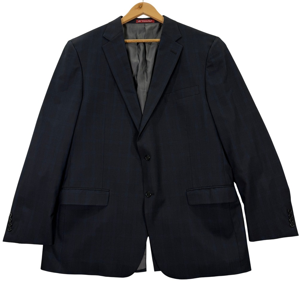 Hart Schaffner Marx Mens 48L Tall Sport Coat Navy Blue Plaid Blazer Jacket EUC